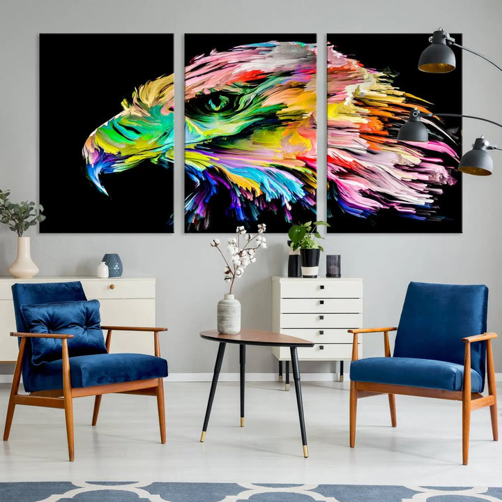 A vibrant "Rainbow Eagle Art Canvas Painting Wall Art Rainbow Animal Art Nature Abstract Print" hangs above, its colorful hues shielded by a UV-protective coating.