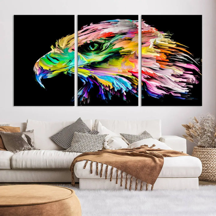 A vibrant "Rainbow Eagle Art Canvas Painting Wall Art Rainbow Animal Art Nature Abstract Print" hangs above, its colorful hues shielded by a UV-protective coating.