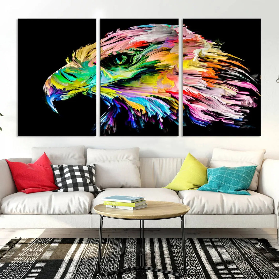 A vibrant "Rainbow Eagle Art Canvas Painting Wall Art Rainbow Animal Art Nature Abstract Print" hangs above, its colorful hues shielded by a UV-protective coating.