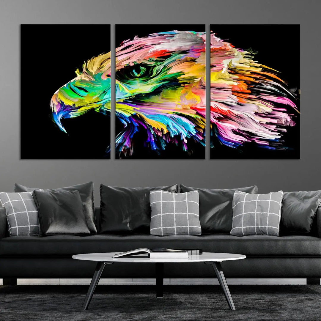 A vibrant "Rainbow Eagle Art Canvas Painting Wall Art Rainbow Animal Art Nature Abstract Print" hangs above, its colorful hues shielded by a UV-protective coating.