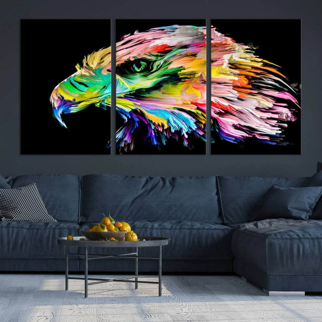 A vibrant "Rainbow Eagle Art Canvas Painting Wall Art Rainbow Animal Art Nature Abstract Print" hangs above, its colorful hues shielded by a UV-protective coating.