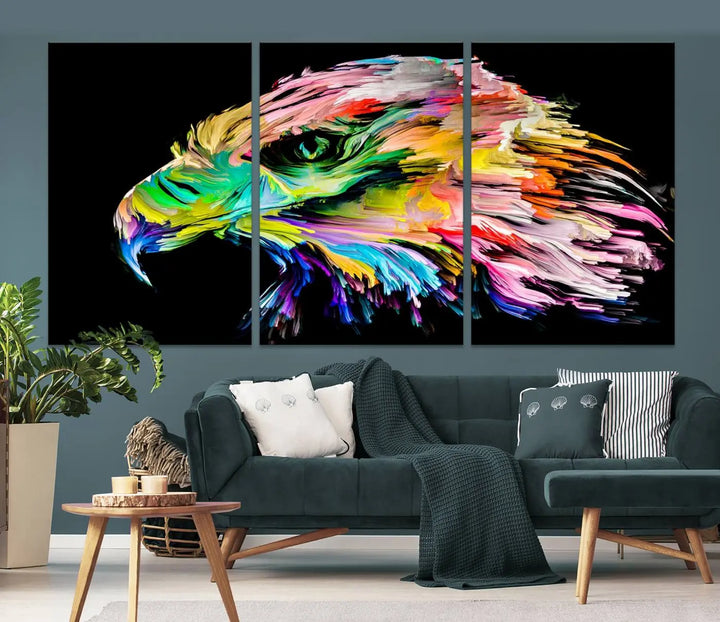 A vibrant "Rainbow Eagle Art Canvas Painting Wall Art Rainbow Animal Art Nature Abstract Print" hangs above, its colorful hues shielded by a UV-protective coating.