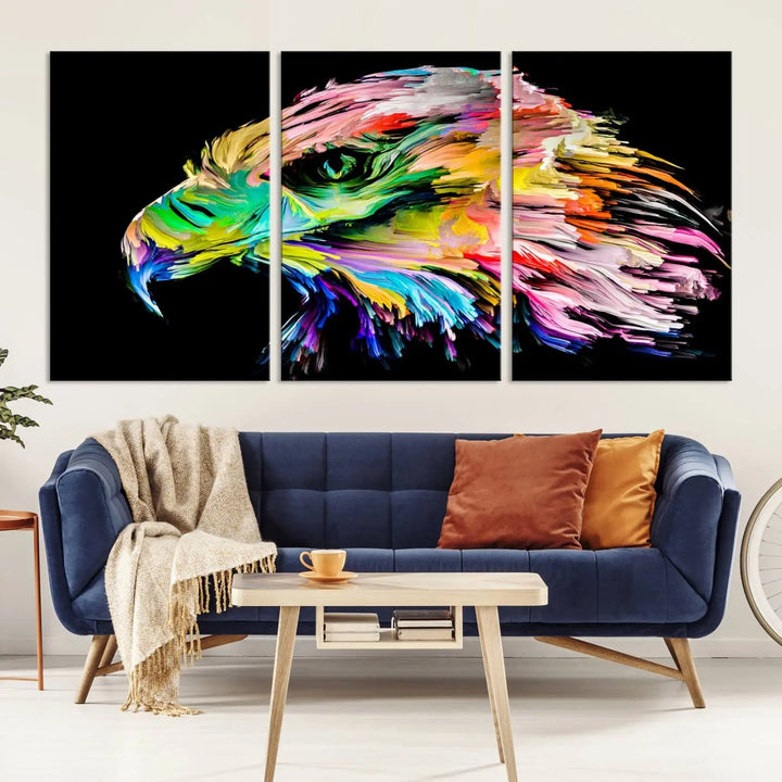 A vibrant "Rainbow Eagle Art Canvas Painting Wall Art Rainbow Animal Art Nature Abstract Print" hangs above, its colorful hues shielded by a UV-protective coating.