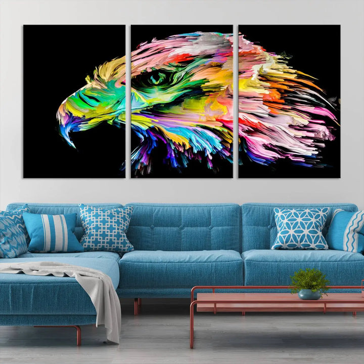 A vibrant "Rainbow Eagle Art Canvas Painting Wall Art Rainbow Animal Art Nature Abstract Print" hangs above, its colorful hues shielded by a UV-protective coating.