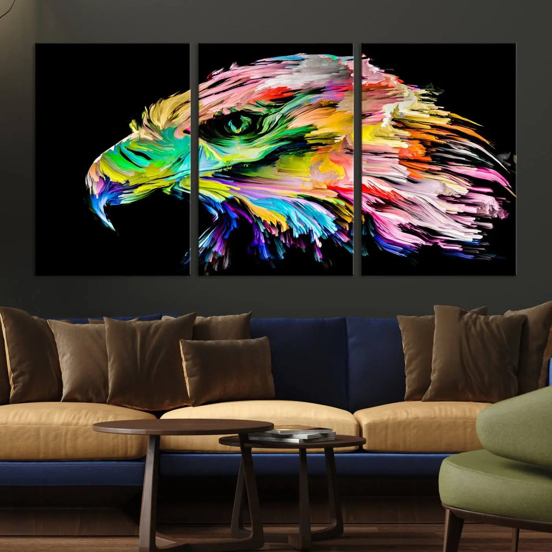 A vibrant "Rainbow Eagle Art Canvas Painting Wall Art Rainbow Animal Art Nature Abstract Print" hangs above, its colorful hues shielded by a UV-protective coating.