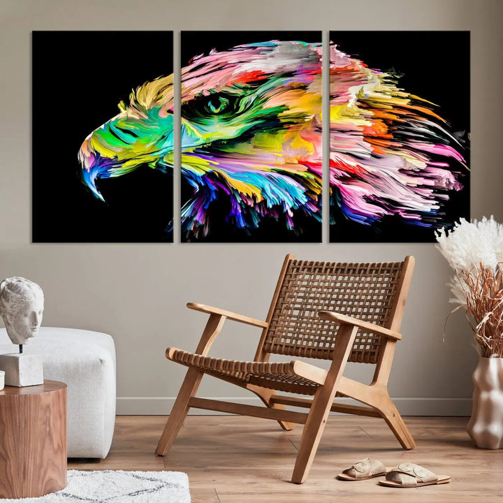 A vibrant "Rainbow Eagle Art Canvas Painting Wall Art Rainbow Animal Art Nature Abstract Print" hangs above, its colorful hues shielded by a UV-protective coating.