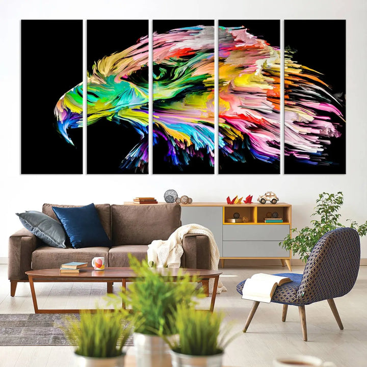 A vibrant "Rainbow Eagle Art Canvas Painting Wall Art Rainbow Animal Art Nature Abstract Print" hangs above, its colorful hues shielded by a UV-protective coating.