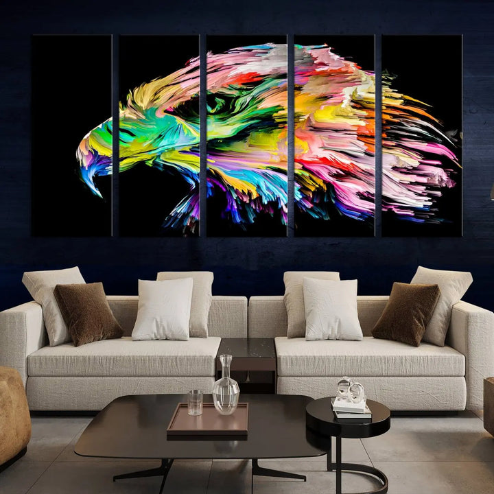 A vibrant "Rainbow Eagle Art Canvas Painting Wall Art Rainbow Animal Art Nature Abstract Print" hangs above, its colorful hues shielded by a UV-protective coating.