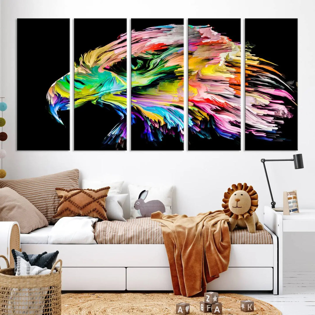 A vibrant "Rainbow Eagle Art Canvas Painting Wall Art Rainbow Animal Art Nature Abstract Print" hangs above, its colorful hues shielded by a UV-protective coating.