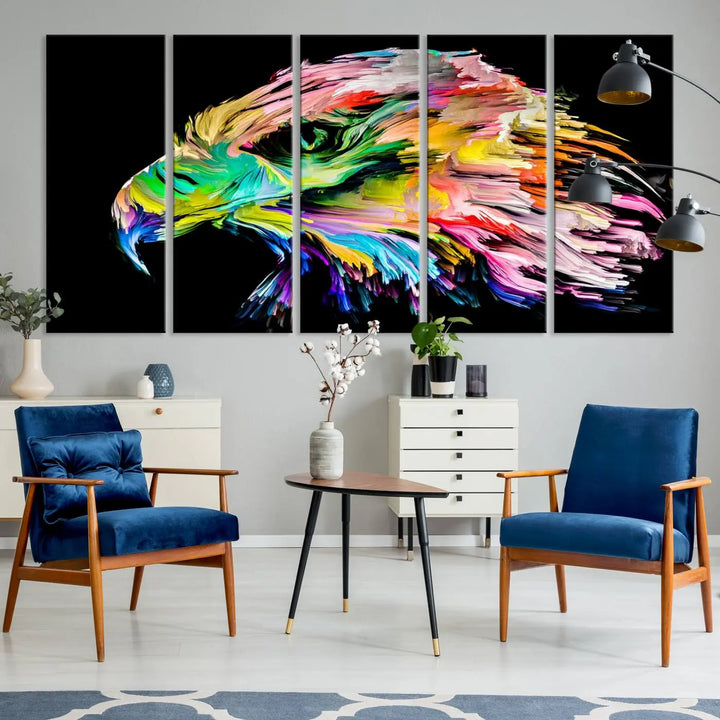 A vibrant "Rainbow Eagle Art Canvas Painting Wall Art Rainbow Animal Art Nature Abstract Print" hangs above, its colorful hues shielded by a UV-protective coating.