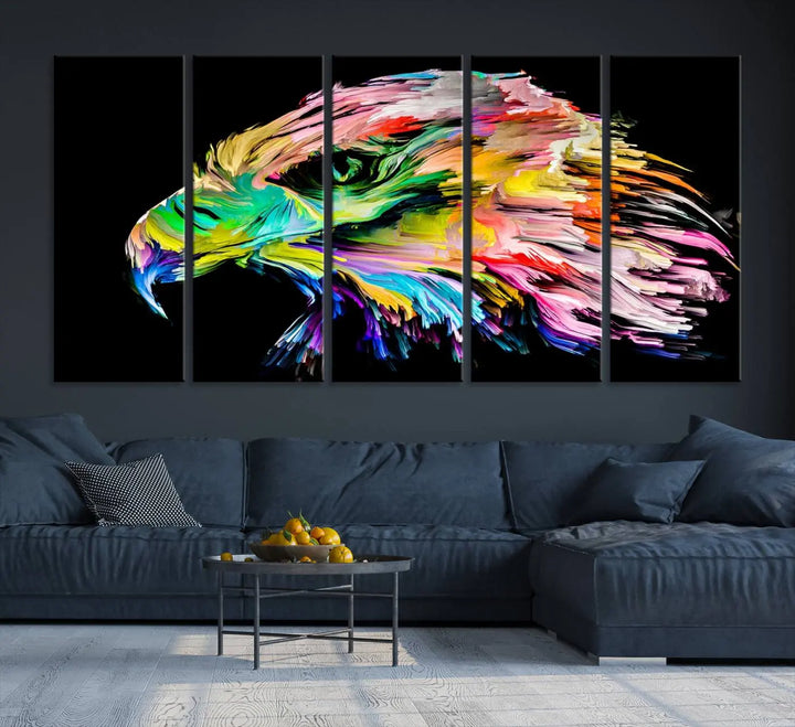 A vibrant "Rainbow Eagle Art Canvas Painting Wall Art Rainbow Animal Art Nature Abstract Print" hangs above, its colorful hues shielded by a UV-protective coating.