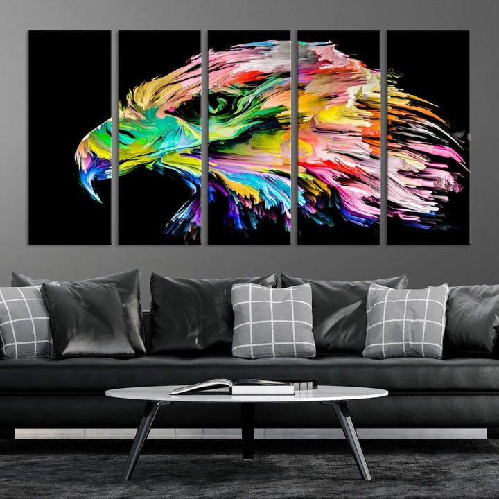 A vibrant "Rainbow Eagle Art Canvas Painting Wall Art Rainbow Animal Art Nature Abstract Print" hangs above, its colorful hues shielded by a UV-protective coating.