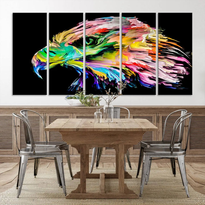 A vibrant "Rainbow Eagle Art Canvas Painting Wall Art Rainbow Animal Art Nature Abstract Print" hangs above, its colorful hues shielded by a UV-protective coating.