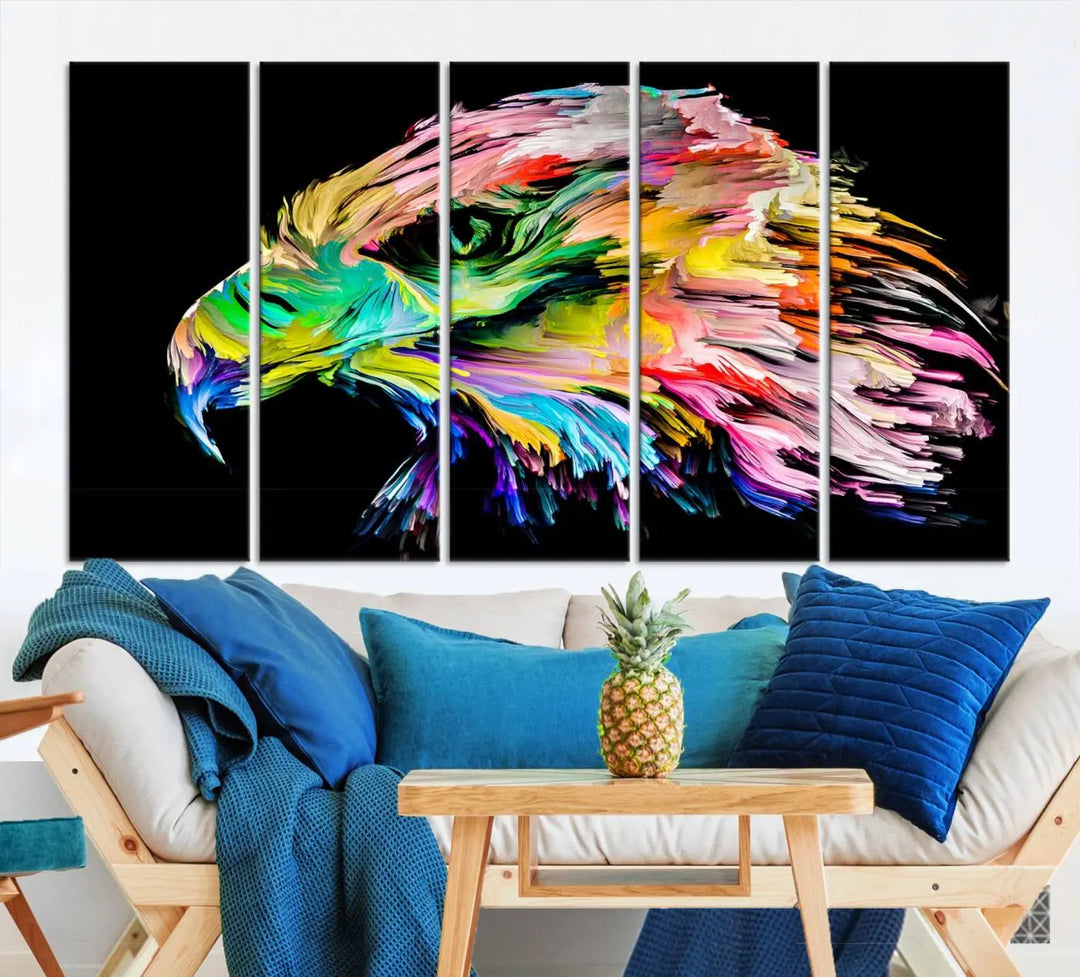 A vibrant "Rainbow Eagle Art Canvas Painting Wall Art Rainbow Animal Art Nature Abstract Print" hangs above, its colorful hues shielded by a UV-protective coating.