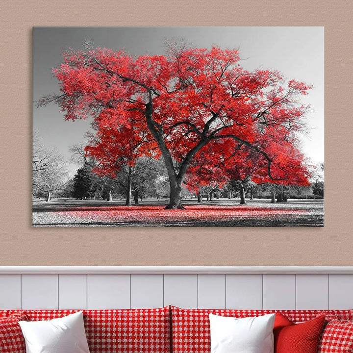 The triptych art of a Red Autumn Tree features vibrant red leaves contrasted against a black and white background, beautifully presented on museum-quality canvas from the "Red Autumn Tree Canvas Wall Art Print Autumn Art Black and White Nature Photo Art Tree" collection.