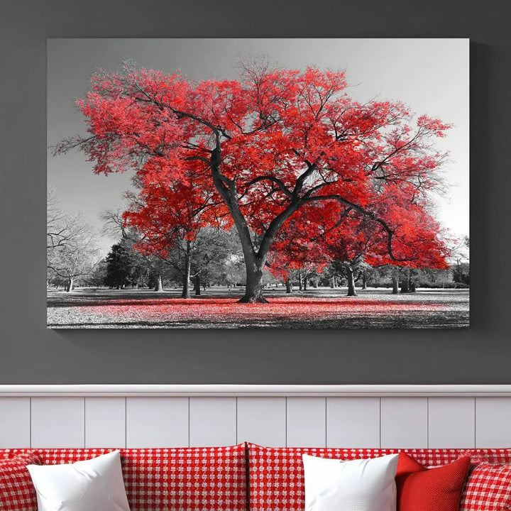 The triptych art of a Red Autumn Tree features vibrant red leaves contrasted against a black and white background, beautifully presented on museum-quality canvas from the "Red Autumn Tree Canvas Wall Art Print Autumn Art Black and White Nature Photo Art Tree" collection.