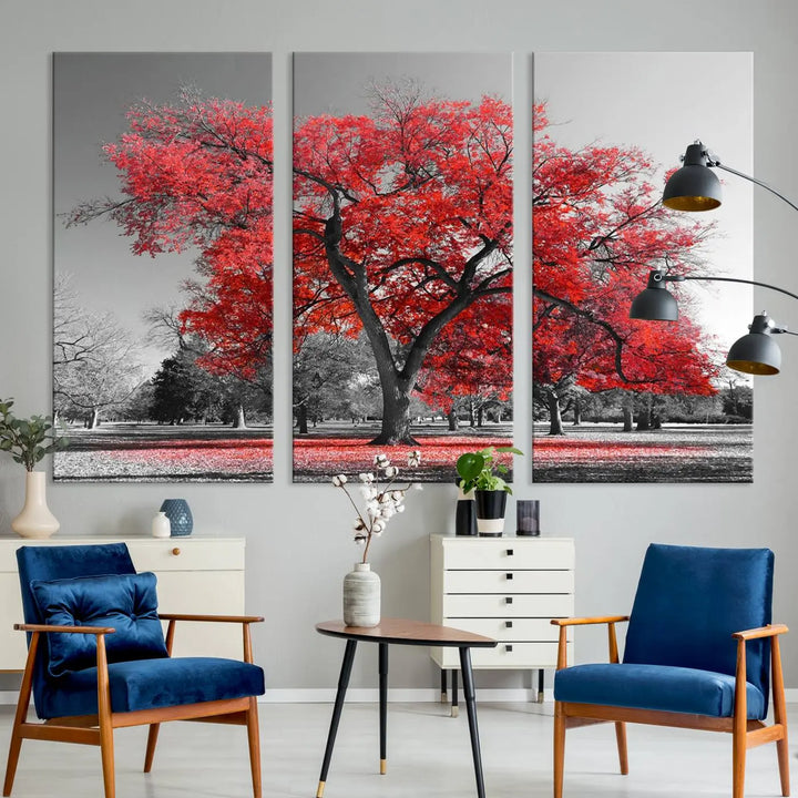 The triptych art of a Red Autumn Tree features vibrant red leaves contrasted against a black and white background, beautifully presented on museum-quality canvas from the "Red Autumn Tree Canvas Wall Art Print Autumn Art Black and White Nature Photo Art Tree" collection.