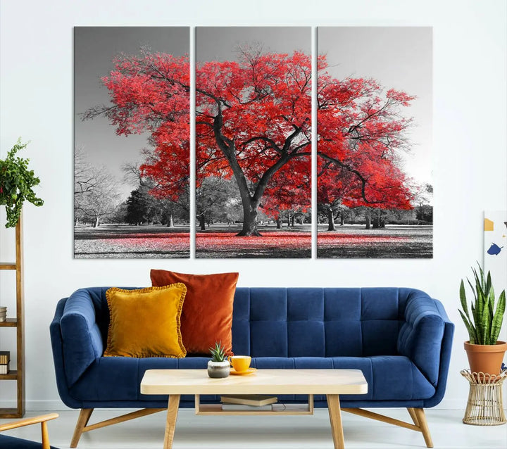 The triptych art of a Red Autumn Tree features vibrant red leaves contrasted against a black and white background, beautifully presented on museum-quality canvas from the "Red Autumn Tree Canvas Wall Art Print Autumn Art Black and White Nature Photo Art Tree" collection.