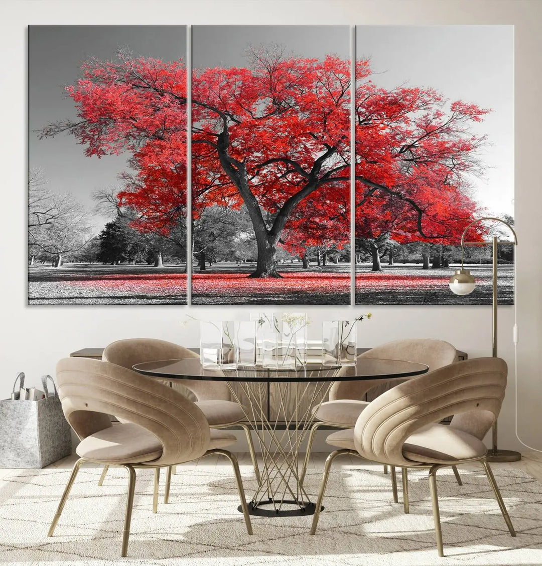 The triptych art of a Red Autumn Tree features vibrant red leaves contrasted against a black and white background, beautifully presented on museum-quality canvas from the "Red Autumn Tree Canvas Wall Art Print Autumn Art Black and White Nature Photo Art Tree" collection.