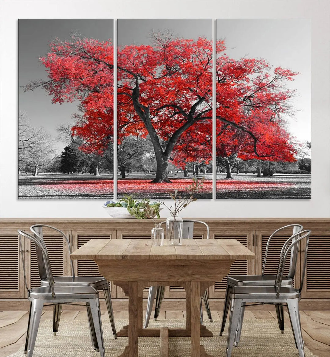 The triptych art of a Red Autumn Tree features vibrant red leaves contrasted against a black and white background, beautifully presented on museum-quality canvas from the "Red Autumn Tree Canvas Wall Art Print Autumn Art Black and White Nature Photo Art Tree" collection.