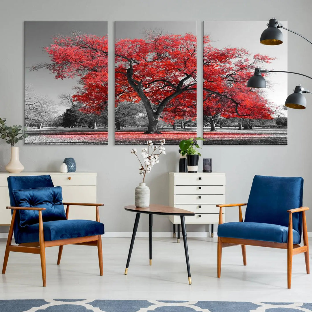 The triptych art of a Red Autumn Tree features vibrant red leaves contrasted against a black and white background, beautifully presented on museum-quality canvas from the "Red Autumn Tree Canvas Wall Art Print Autumn Art Black and White Nature Photo Art Tree" collection.