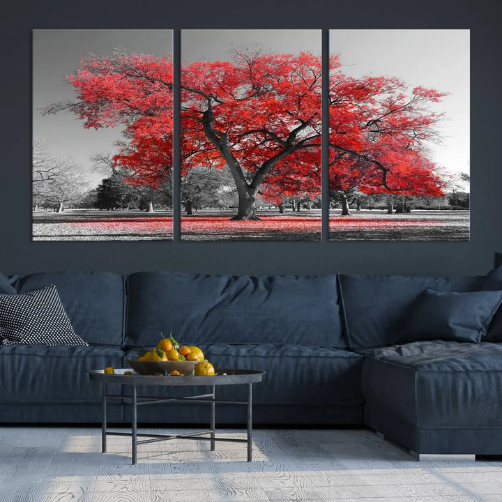 The triptych art of a Red Autumn Tree features vibrant red leaves contrasted against a black and white background, beautifully presented on museum-quality canvas from the "Red Autumn Tree Canvas Wall Art Print Autumn Art Black and White Nature Photo Art Tree" collection.