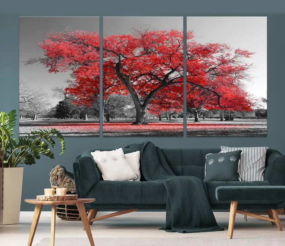 The triptych art of a Red Autumn Tree features vibrant red leaves contrasted against a black and white background, beautifully presented on museum-quality canvas from the "Red Autumn Tree Canvas Wall Art Print Autumn Art Black and White Nature Photo Art Tree" collection.