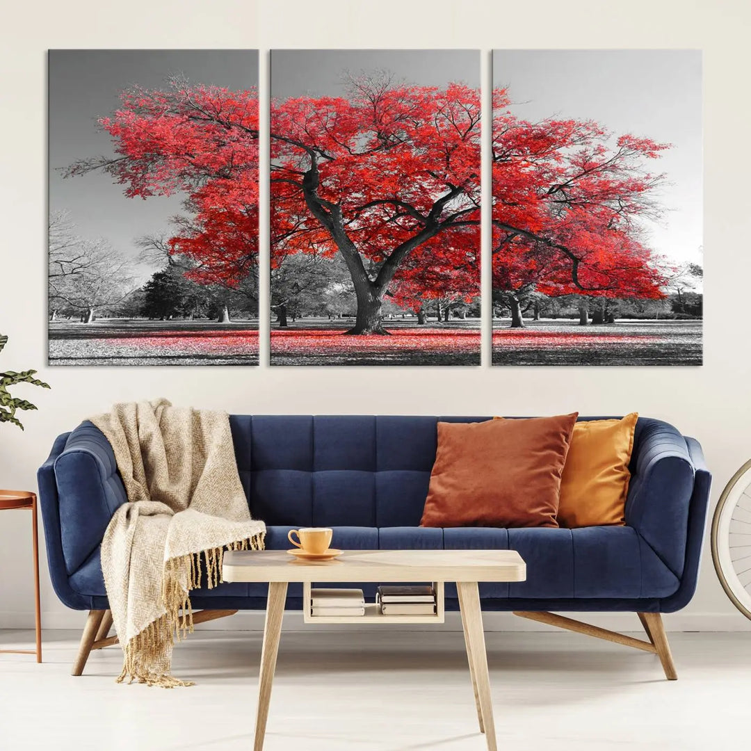 The triptych art of a Red Autumn Tree features vibrant red leaves contrasted against a black and white background, beautifully presented on museum-quality canvas from the "Red Autumn Tree Canvas Wall Art Print Autumn Art Black and White Nature Photo Art Tree" collection.