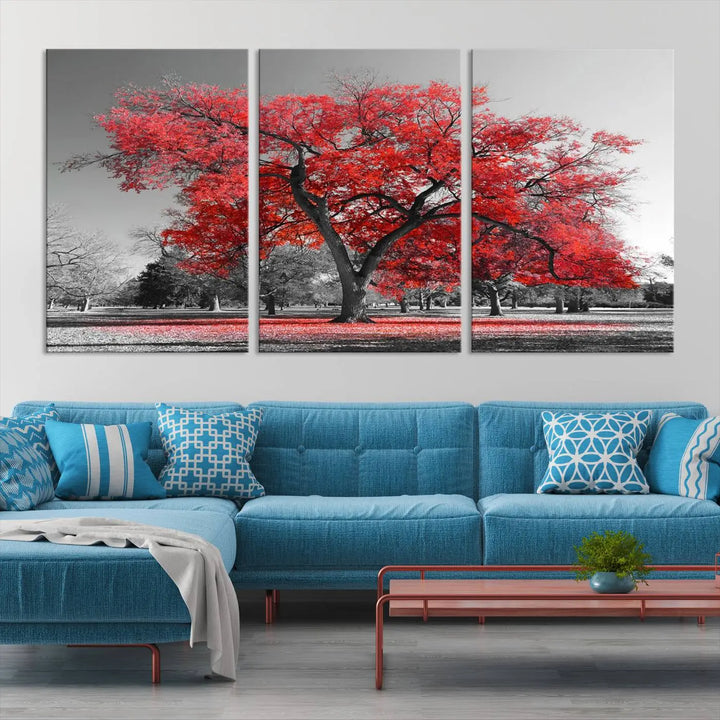 The triptych art of a Red Autumn Tree features vibrant red leaves contrasted against a black and white background, beautifully presented on museum-quality canvas from the "Red Autumn Tree Canvas Wall Art Print Autumn Art Black and White Nature Photo Art Tree" collection.