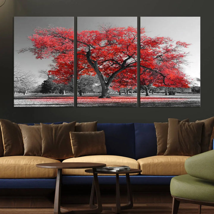 The triptych art of a Red Autumn Tree features vibrant red leaves contrasted against a black and white background, beautifully presented on museum-quality canvas from the "Red Autumn Tree Canvas Wall Art Print Autumn Art Black and White Nature Photo Art Tree" collection.