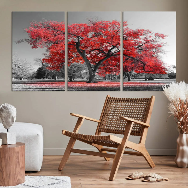 The triptych art of a Red Autumn Tree features vibrant red leaves contrasted against a black and white background, beautifully presented on museum-quality canvas from the "Red Autumn Tree Canvas Wall Art Print Autumn Art Black and White Nature Photo Art Tree" collection.