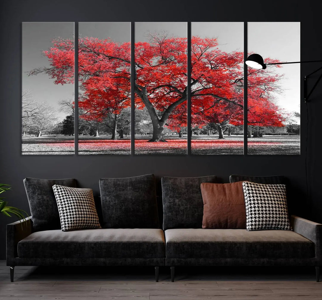 The triptych art of a Red Autumn Tree features vibrant red leaves contrasted against a black and white background, beautifully presented on museum-quality canvas from the "Red Autumn Tree Canvas Wall Art Print Autumn Art Black and White Nature Photo Art Tree" collection.