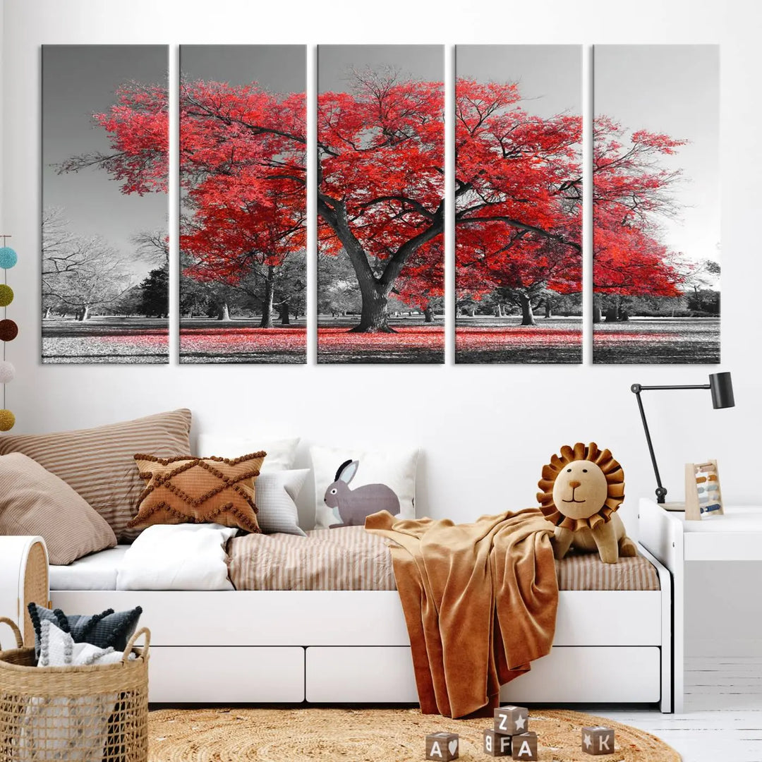 The triptych art of a Red Autumn Tree features vibrant red leaves contrasted against a black and white background, beautifully presented on museum-quality canvas from the "Red Autumn Tree Canvas Wall Art Print Autumn Art Black and White Nature Photo Art Tree" collection.