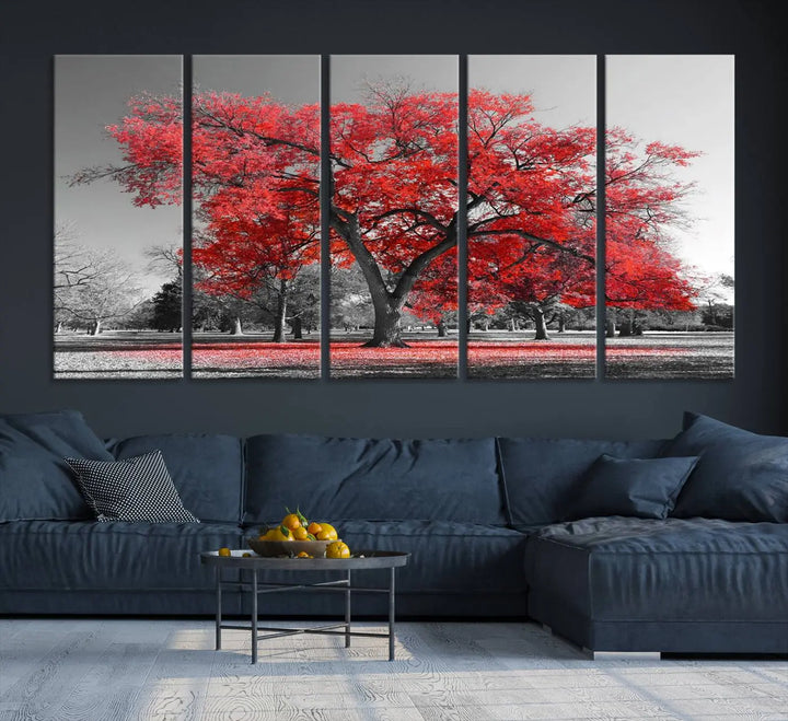 The triptych art of a Red Autumn Tree features vibrant red leaves contrasted against a black and white background, beautifully presented on museum-quality canvas from the "Red Autumn Tree Canvas Wall Art Print Autumn Art Black and White Nature Photo Art Tree" collection.