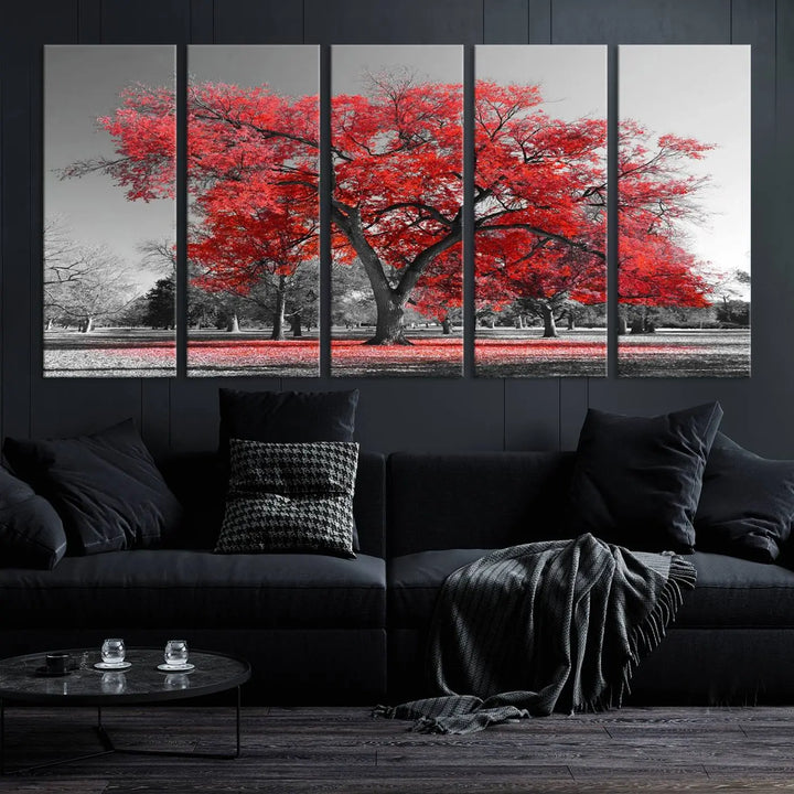 The triptych art of a Red Autumn Tree features vibrant red leaves contrasted against a black and white background, beautifully presented on museum-quality canvas from the "Red Autumn Tree Canvas Wall Art Print Autumn Art Black and White Nature Photo Art Tree" collection.