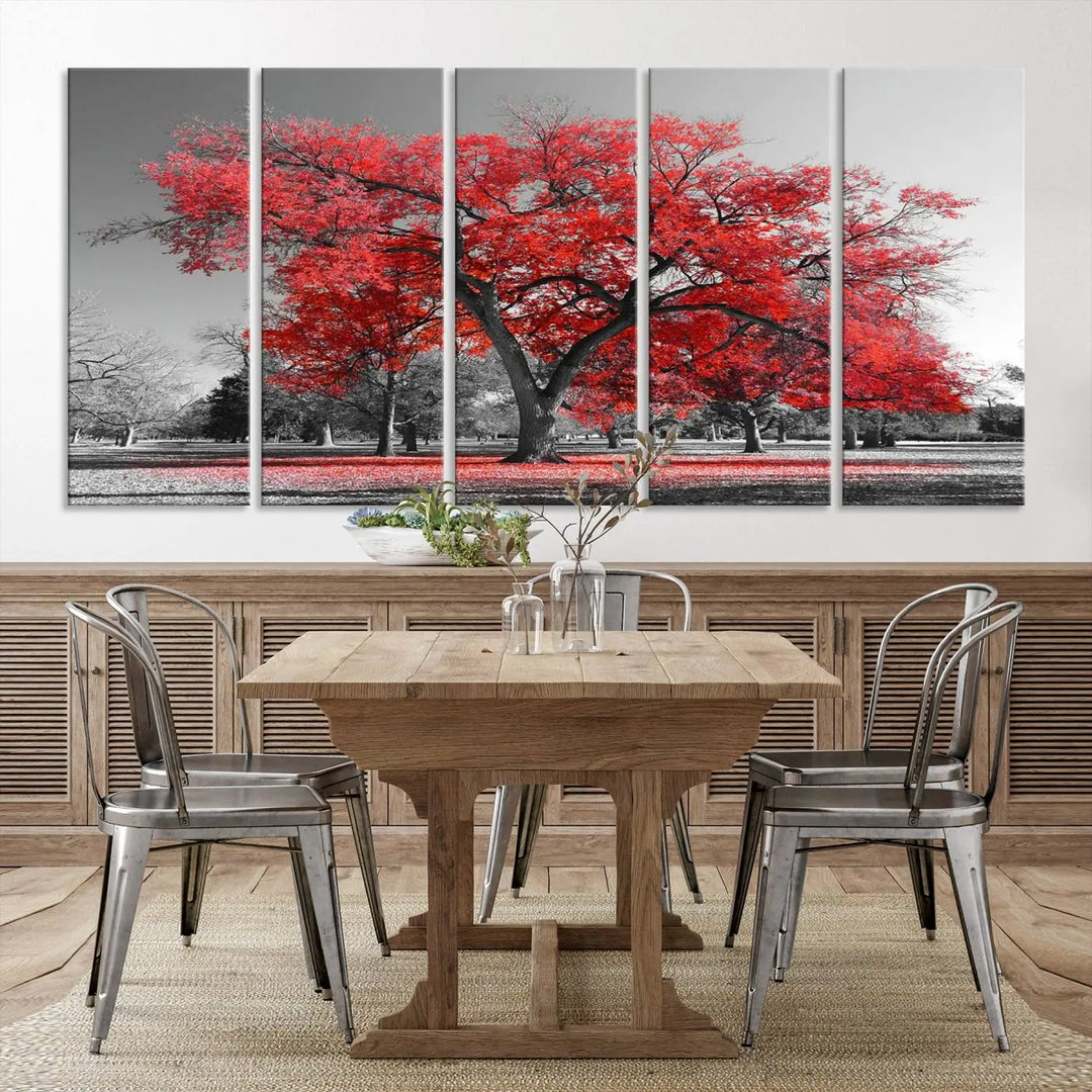 The triptych art of a Red Autumn Tree features vibrant red leaves contrasted against a black and white background, beautifully presented on museum-quality canvas from the "Red Autumn Tree Canvas Wall Art Print Autumn Art Black and White Nature Photo Art Tree" collection.