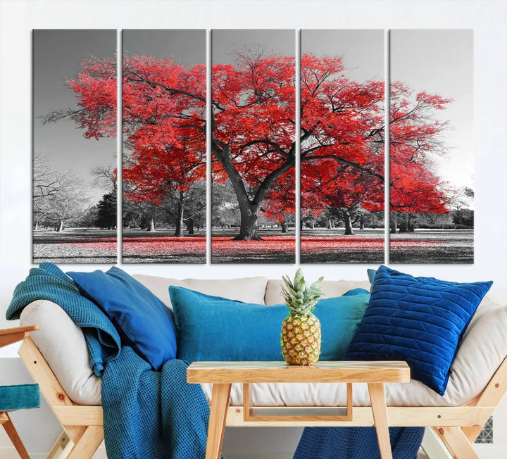 The triptych art of a Red Autumn Tree features vibrant red leaves contrasted against a black and white background, beautifully presented on museum-quality canvas from the "Red Autumn Tree Canvas Wall Art Print Autumn Art Black and White Nature Photo Art Tree" collection.