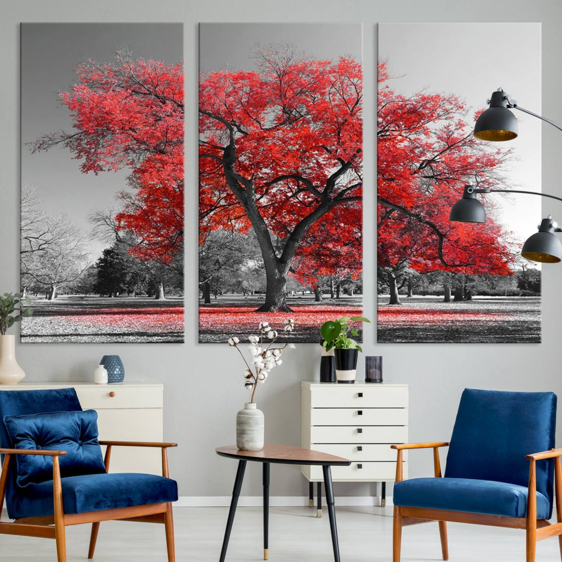 Red Autumn Tree Canvas Wall Art Print | Black and White Nature Art