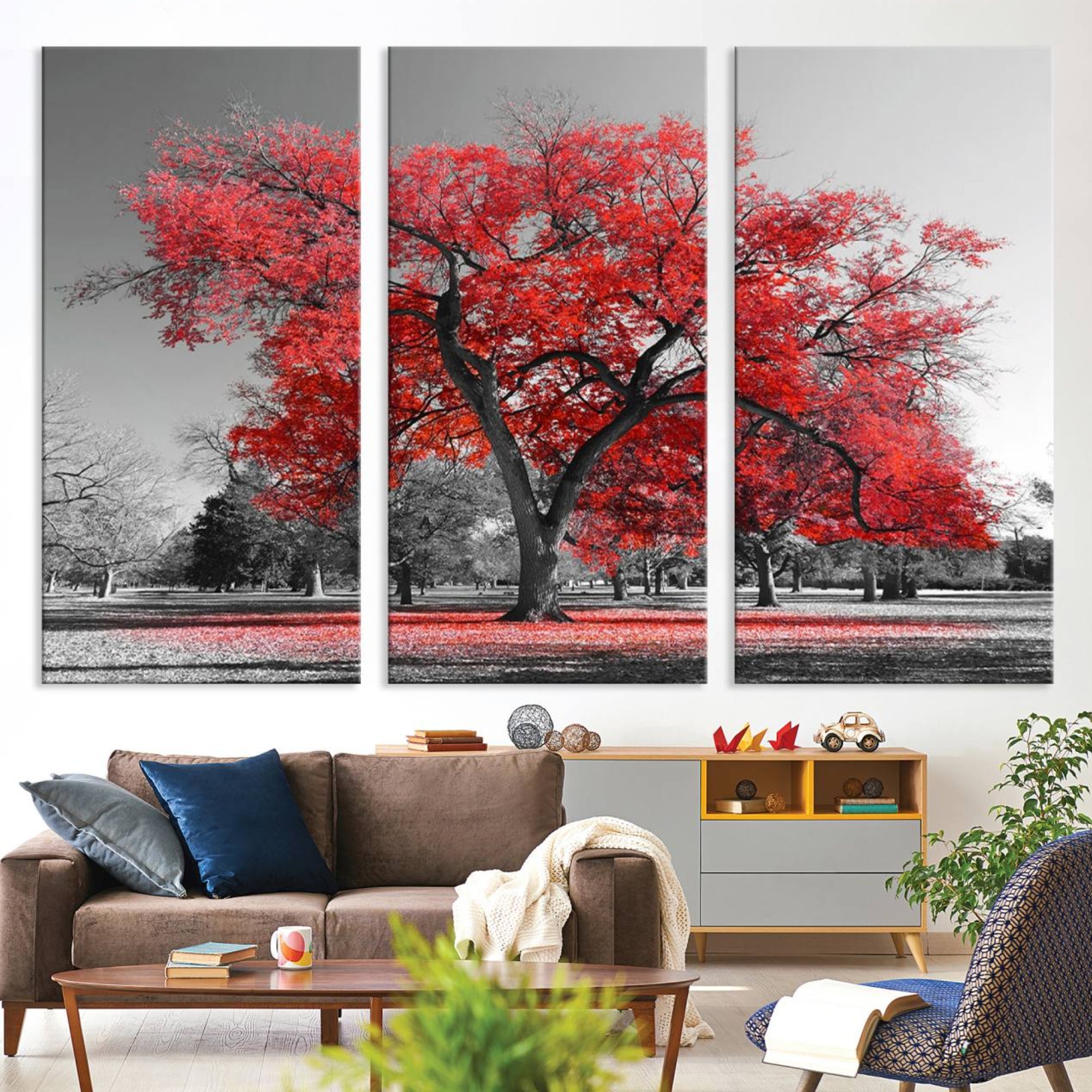 91146-MGV-CV-36X24-Red Autumn Tree Canvas Wall Art Print Autumn Art Black and White Nature Photo Art Tree