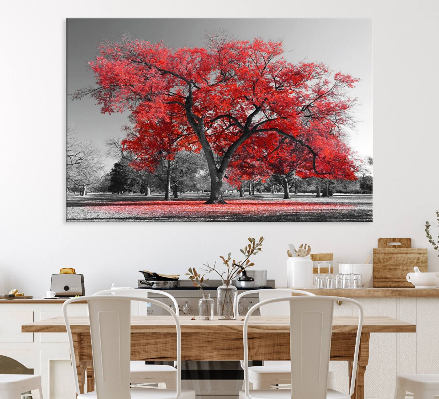 91146-MGV-CV-36X24-Red Autumn Tree Canvas Wall Art Print Autumn Art Black and White Nature Photo Art Tree