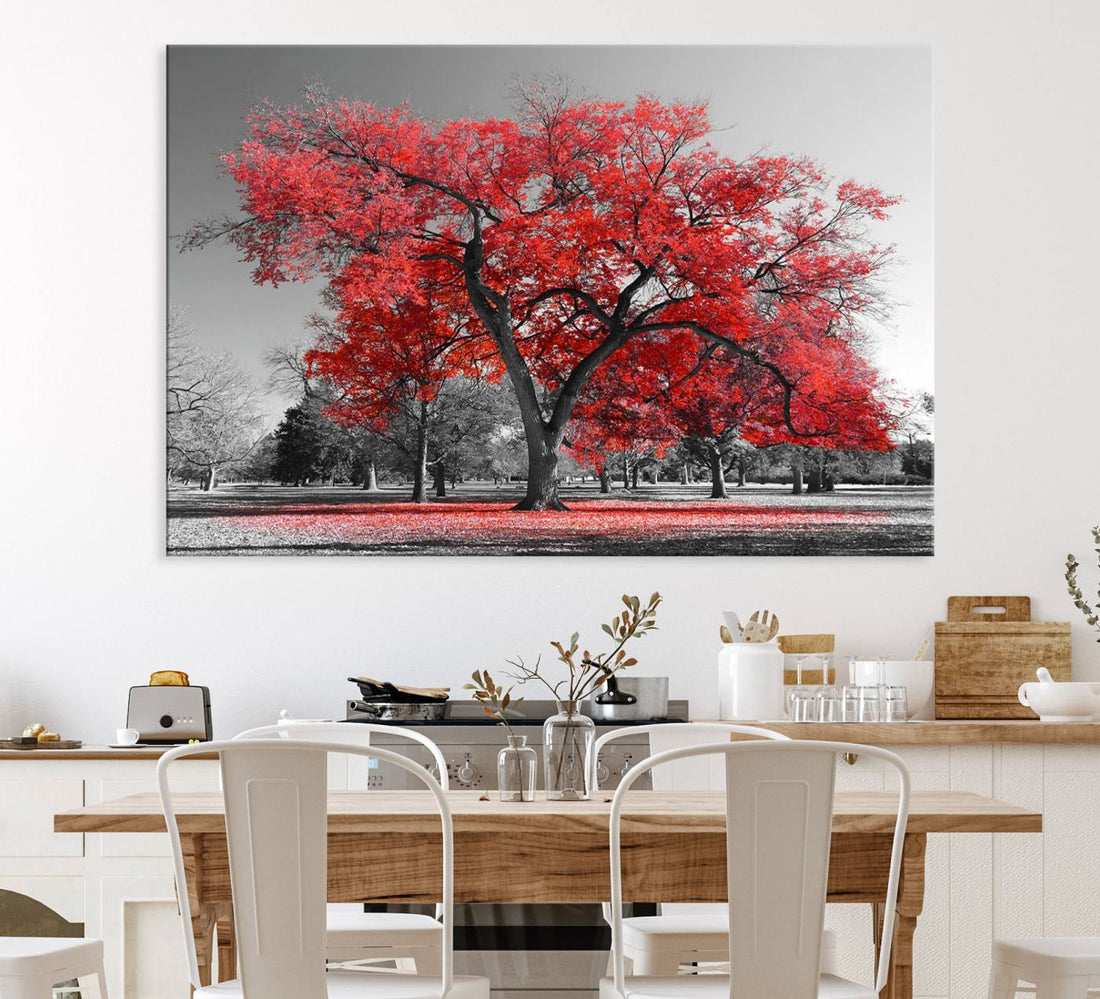 Red Autumn Tree Canvas Wall Art Print | Black and White Nature Art