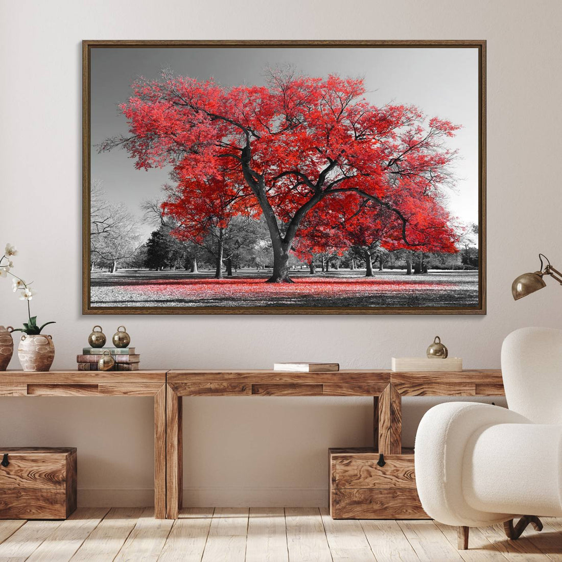 Red Autumn Tree Canvas Wall Art Print | Black and White Nature Art