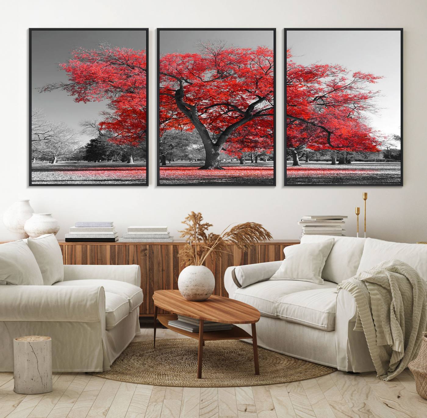91146-MGV-FC-60X30-3P_Black-Red Autumn Tree Canvas Wall Art Print Autumn Art Black and White Nature Photo Art Tree