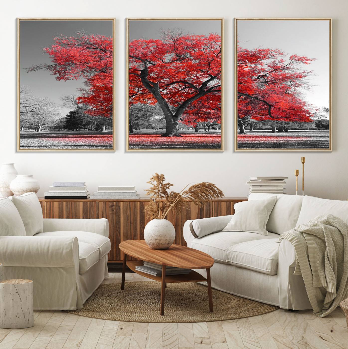 91146-MGV-FC-60X30-3P_Natural-Red Autumn Tree Canvas Wall Art Print Autumn Art Black and White Nature Photo Art Tree