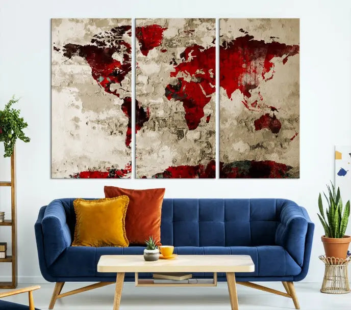 The living room showcases a stunning Red Canvas World Map Wall Art canvas print on gallery wrapped, museum-quality canvas.