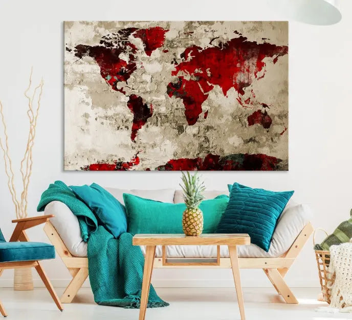 The living room showcases a stunning Red Canvas World Map Wall Art canvas print on gallery wrapped, museum-quality canvas.