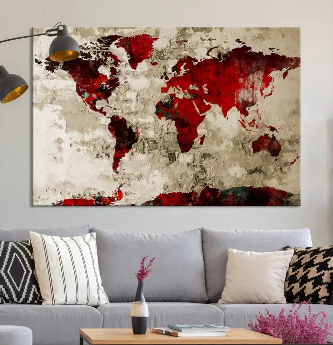 The living room showcases a stunning Red Canvas World Map Wall Art canvas print on gallery wrapped, museum-quality canvas.