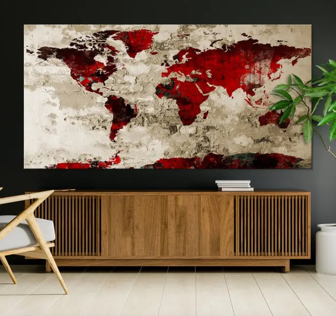 The living room showcases a stunning Red Canvas World Map Wall Art canvas print on gallery wrapped, museum-quality canvas.