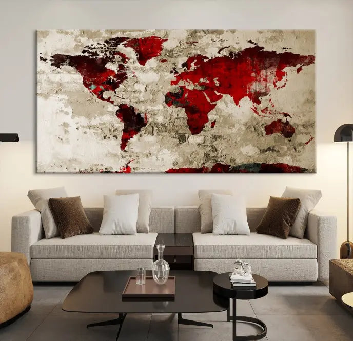 The living room showcases a stunning Red Canvas World Map Wall Art canvas print on gallery wrapped, museum-quality canvas.