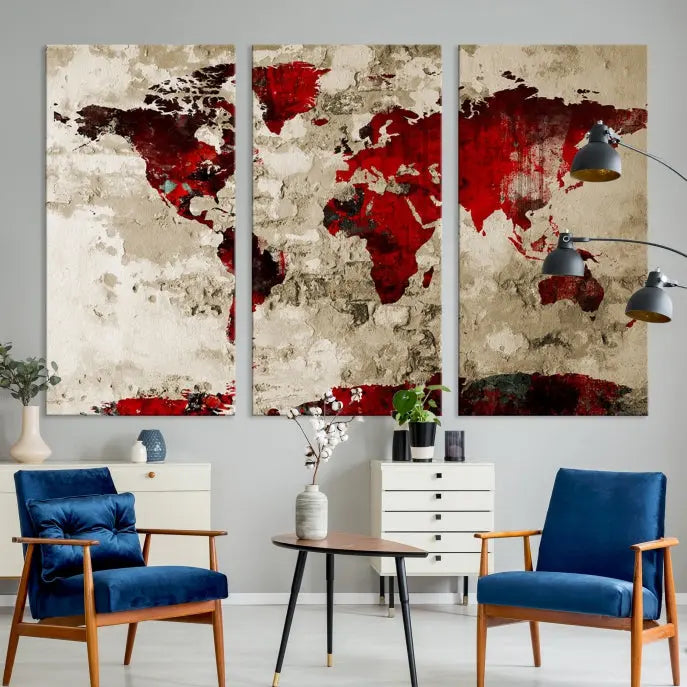 The living room showcases a stunning Red Canvas World Map Wall Art canvas print on gallery wrapped, museum-quality canvas.